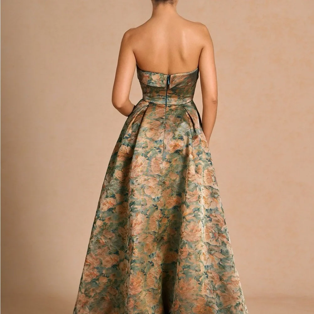 Azazie Strapless Floral Dress in Green and Gold - Picture 2 of 7